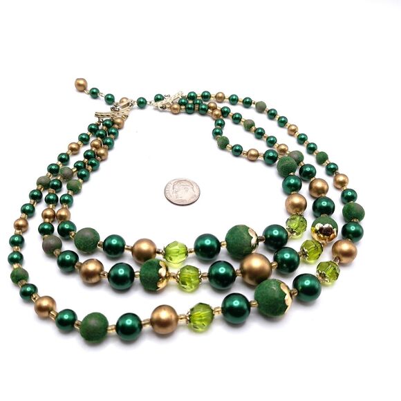 Vintage Japan 3-Strand Green Faux Pearl and Gold Tone Bead Necklace, 16" - Picture 8 of 16